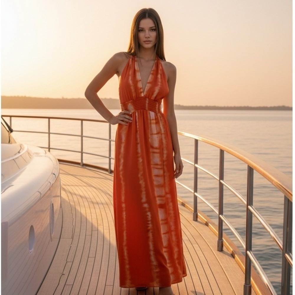 Y2K Size M Halter Neck Maxi Dress Orange Tie Dye Tropical Vacation Resortwear